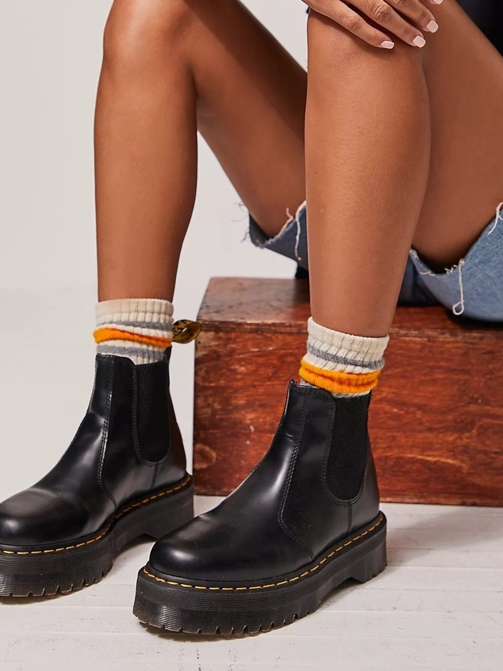 Dr. Martens Black Platform Chelsea Boots with Orange-Trim Socks